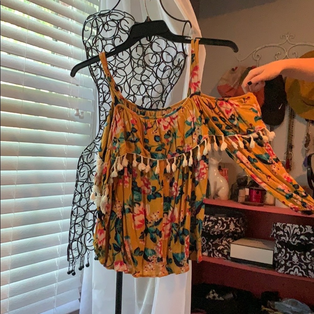 Mustard yellow floral cold shoulder top